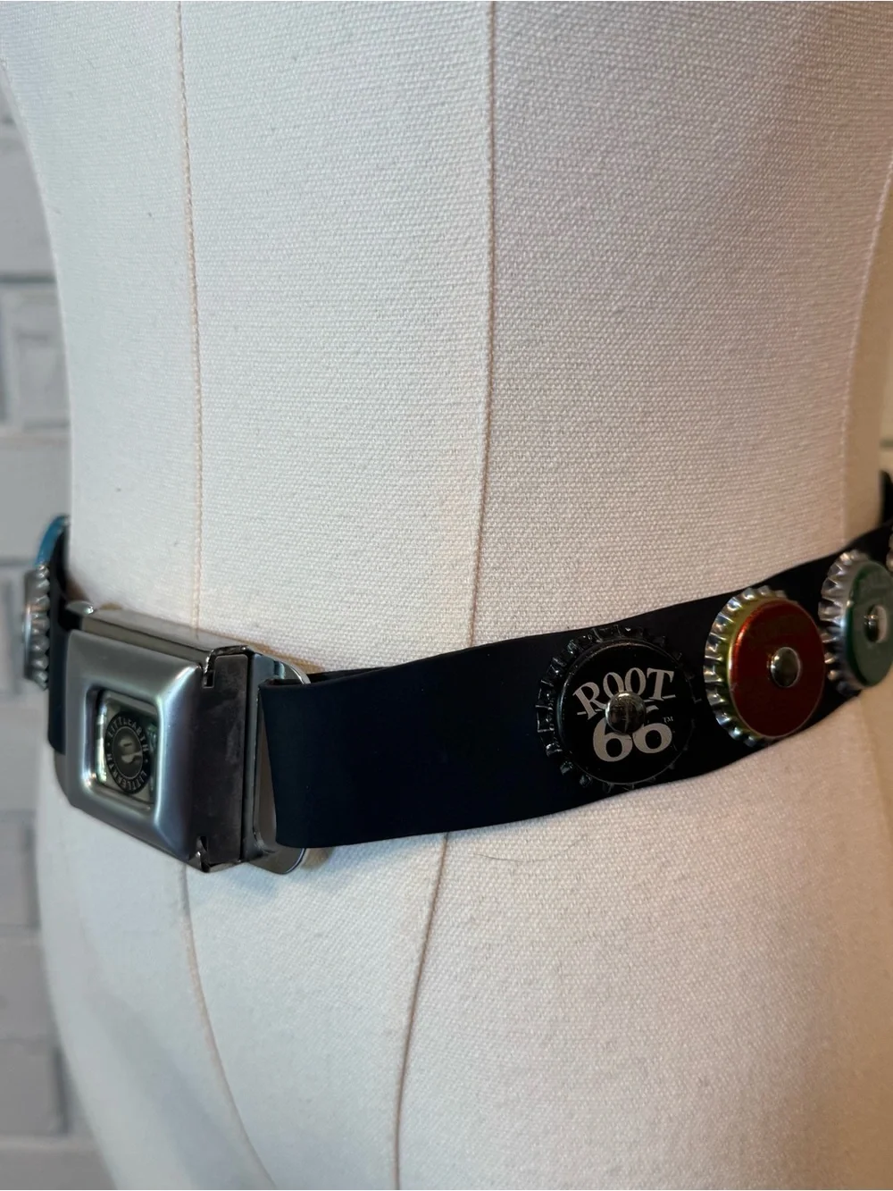 Vintage Y2K LittlEarth Black Seatbelt Belt with Soda Pop Caps Womens 28” S